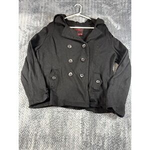 Yoki New York Outerwear Pea Coat‎ Womens XL Black Hooded Preppy Double Breasted